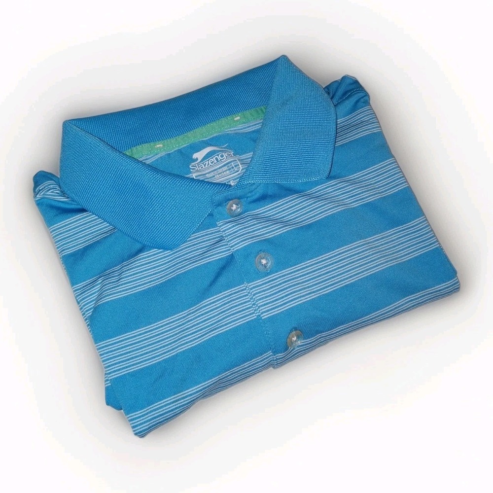 Slazenger Golf Polo Shirt Mens Large Blue Striped Short Sleeve Performance